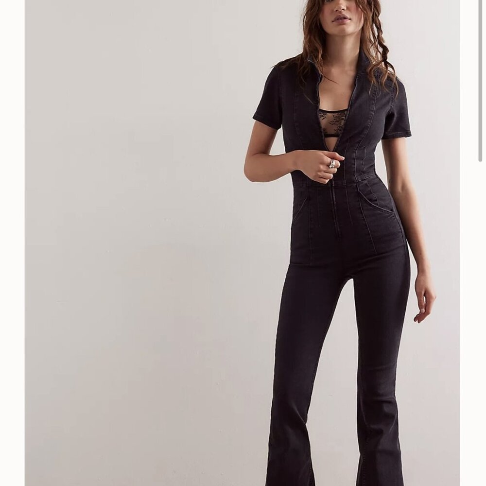 Free People Black Short-Sleeve Denim Jumpsuit